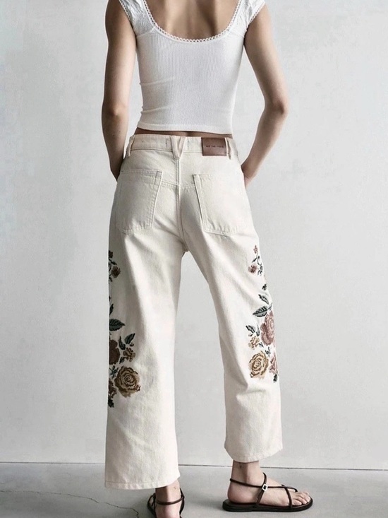 We The Free Denim - Free People Willow Wide Leg Floral Embroidered Combo Jeans Boho 28 Denim